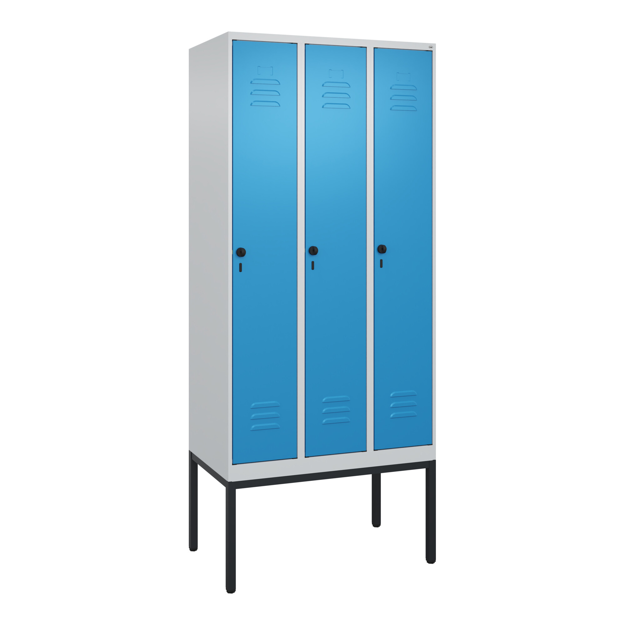 C+P Spind Classic PLUS, Gestell, 3 Abteile, 2120x900x500mm, 7035/5012 Verschluss Sicherheits-Drehriegel 3 Garderobenhaken ; C + P Möbelsysteme