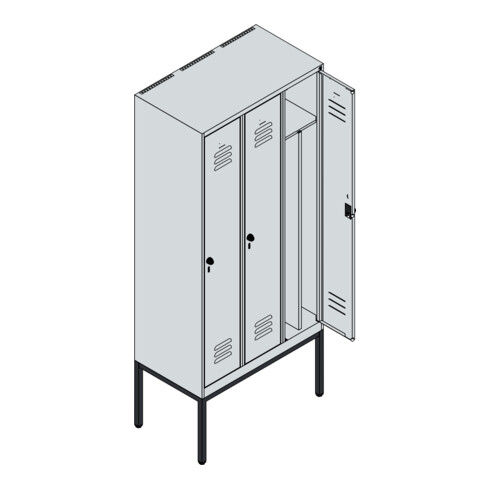 C+P Spind Classic PLUS, Gestell, 3 Abteile, 2120x900x500mm, 7035/5023 Verschluss Zylinderschloss 4 Garderobenhaken Trennwand mittig