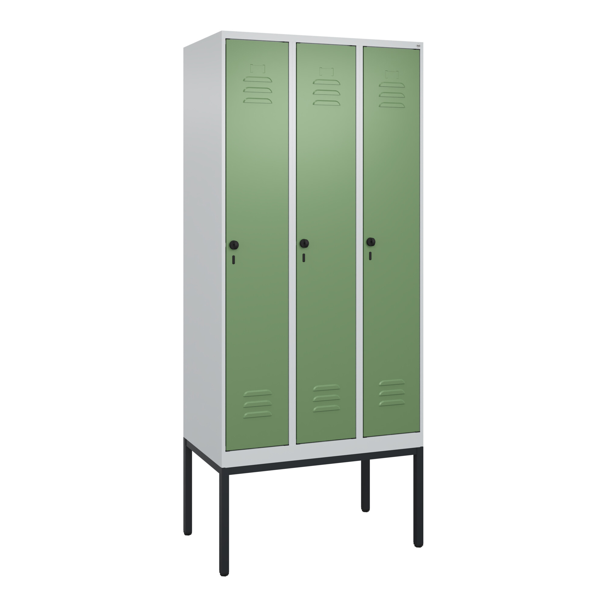 C+P Spind Classic PLUS, Gestell, 3 Abteile, 2120x900x500mm, 7035/6011 Verschluss Sicherheits-Drehriegel 4 Garderobenhaken Trennwand mittig ; C + P Möb