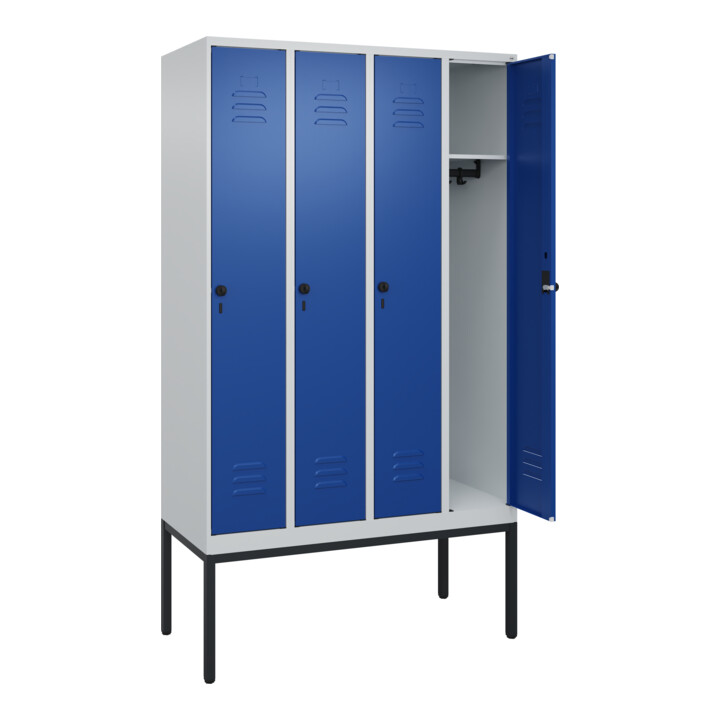 C+P Spind Classic PLUS, Gestell, 4 Abteile, 2120x1200x500mm, 7035/5010 Verschluss Sicherheits-Drehriegel 3 Garderobenhaken