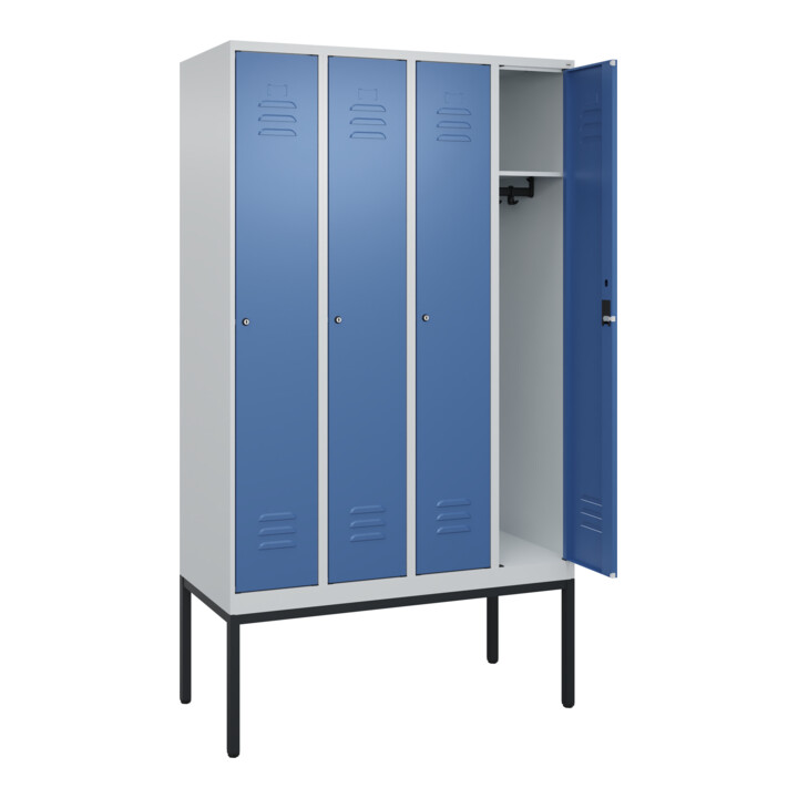 C+P Spind Classic PLUS, Gestell, 4 Abteile, 2120x1200x500mm, 7035/5023 Verschluss Zylinderschloss 3 Garderobenhaken