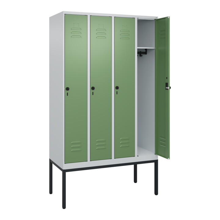 C+P Spind Classic PLUS, Gestell, 4 Abteile, 2120x1200x500mm, 7035/6011 Verschluss Sicherheits-Drehriegel 3 Garderobenhaken