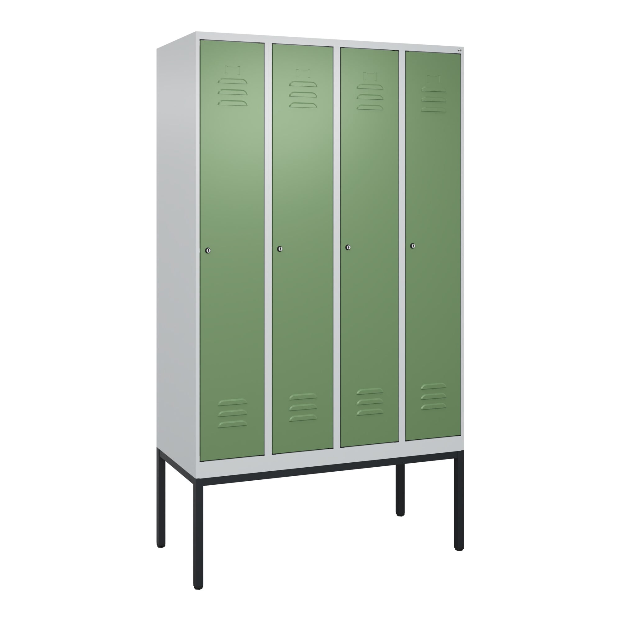 C+P Spind Classic PLUS, Gestell, 4 Abteile, 2120x1200x500mm, 7035/6011 Verschluss Zylinderschloss 3 Garderobenhaken ; C + P Möbelsysteme