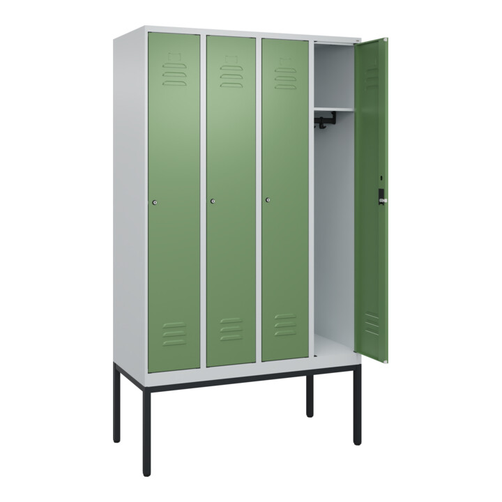 C+P Spind Classic PLUS, Gestell, 4 Abteile, 2120x1200x500mm, 7035/6011 Verschluss Zylinderschloss 3 Garderobenhaken