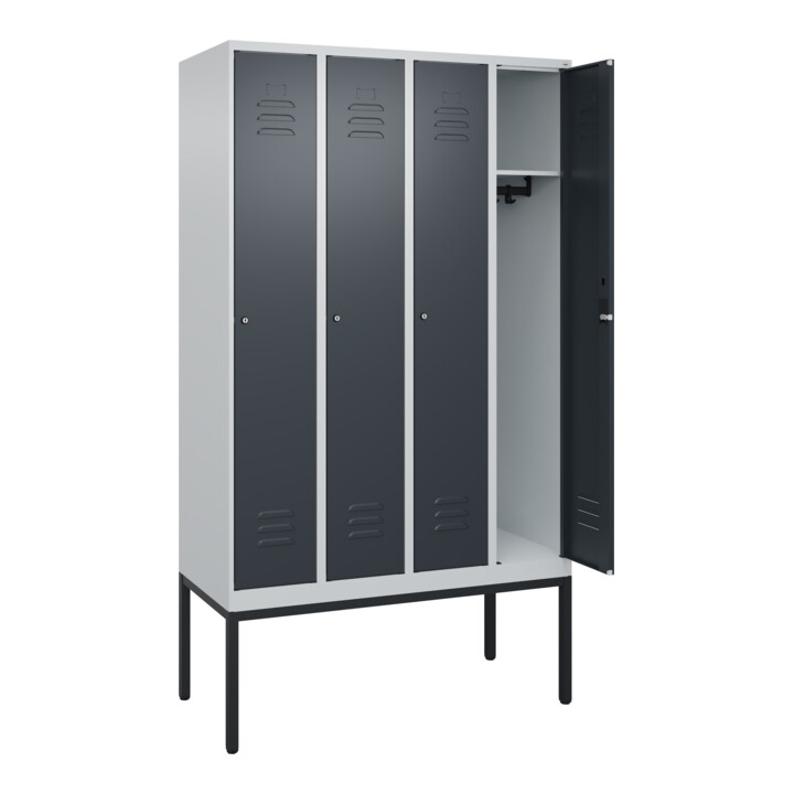 C+P Spind Classic PLUS, Gestell, 4 Abteile, 2120x1200x500mm, 7035/7016 Verschluss Zylinderschloss 3 Garderobenhaken