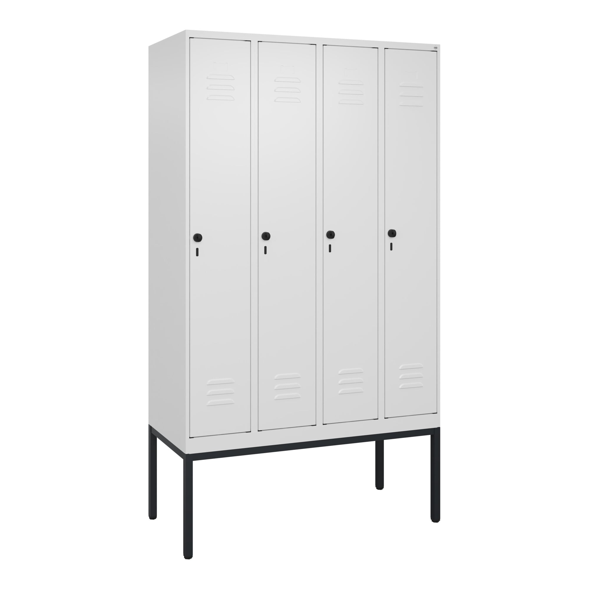 C+P Spind Classic PLUS, Gestell, 4 Abteile, 2120x1200x500mm, 9016/9016 Verschluss Sicherheits-Drehriegel 4 Garderobenhaken Trennwand mittig ; C + P Mö