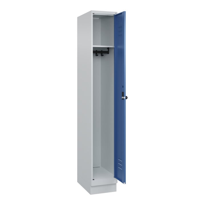 C+P Spind Classic PLUS, Sockel, 1 Abteil, 1950x300x500mm, 7035/5023 Verschluss Sicherheits-Drehriegel 3 Garderobenhaken