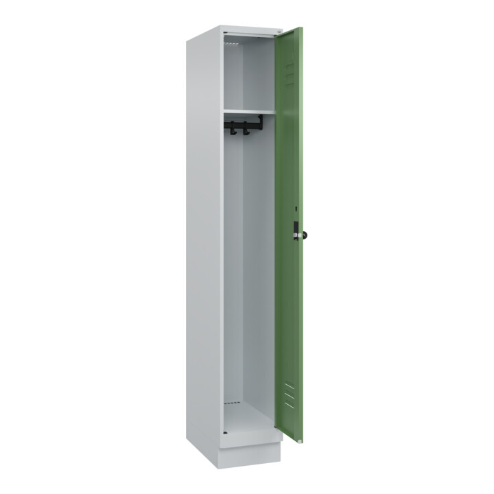 C+P Spind Classic PLUS, Sockel, 1 Abteil, 1950x300x500mm, 7035/6011 Verschluss Sicherheits-Drehriegel 3 Garderobenhaken