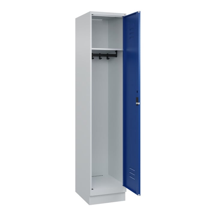 C+P Spind Classic PLUS, Sockel, 1 Abteil, 1950x400x500mm, 7035/5010 Verschluss Zylinderschloss 4 Garderobenhaken