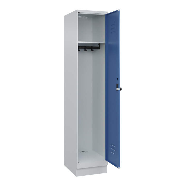 C+P Spind Classic PLUS, Sockel, 1 Abteil, 1950x400x500mm, 7035/5023 Verschluss Sicherheits-Drehriegel 4 Garderobenhaken
