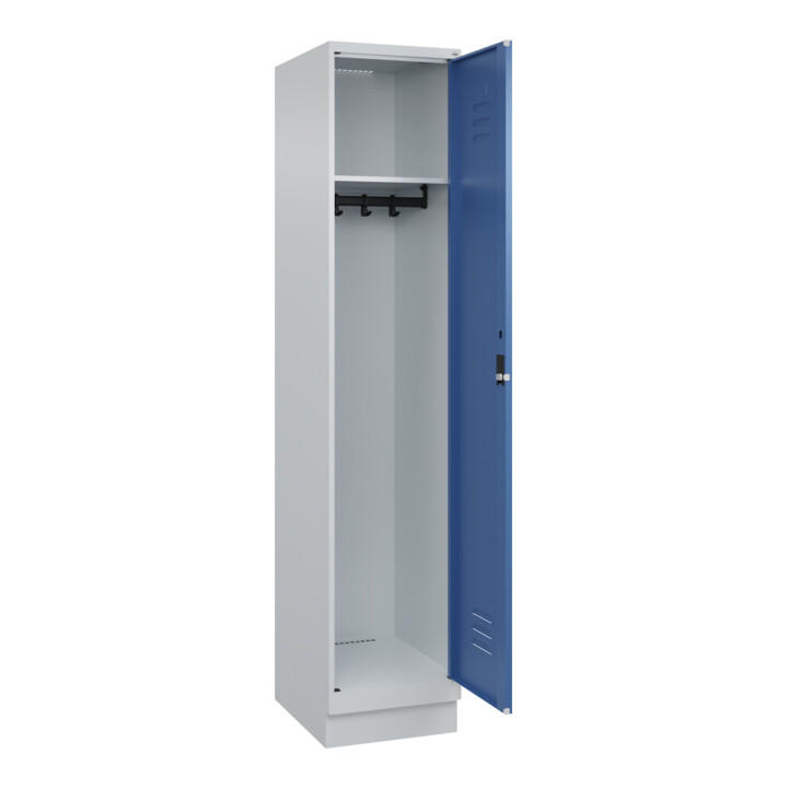 C+P Spind Classic PLUS, Sockel, 1 Abteil, 1950x400x500mm, 7035/5023 Verschluss Zylinderschloss 4 Garderobenhaken