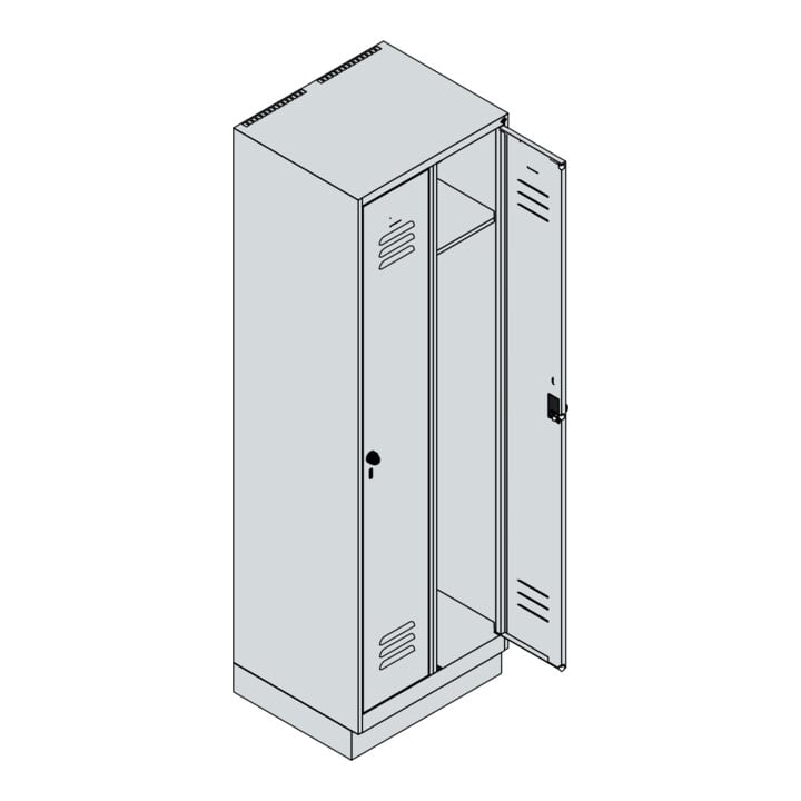 C+P Spind Classic PLUS, Sockel, 2 Abteile, 1950x600x500mm, 7035/3003 Verschluss Sicherheits-Drehriegel 3 Garderobenhaken
