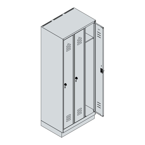 C+P Spind Classic PLUS, Sockel, 3 Abteile, 1950x750x500mm, 7035/3020 Verschluss Zylinderschloss 3 Garderobenhaken