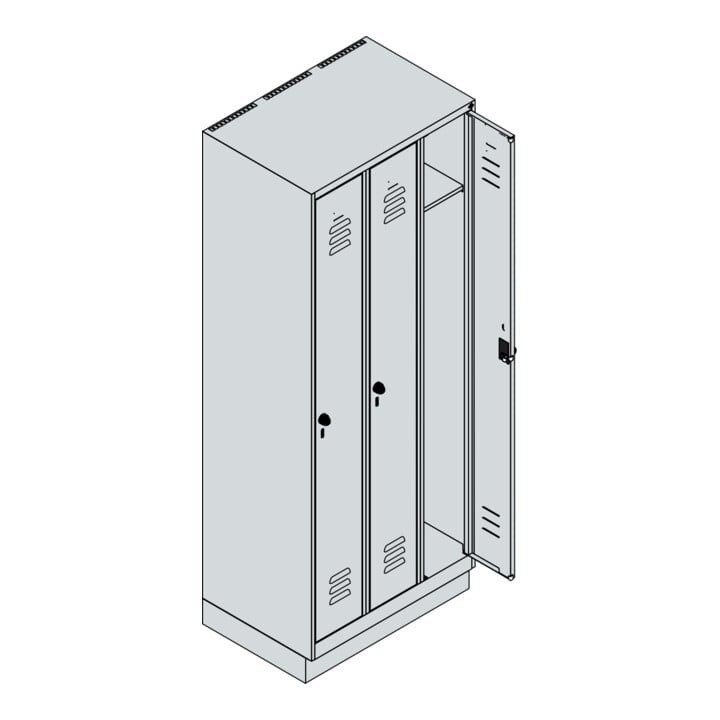 C+P Spind Classic PLUS, Sockel, 3 Abteile, 1950x750x500mm, 7035/7035 Verschluss Sicherheits-Drehriegel 3 Garderobenhaken