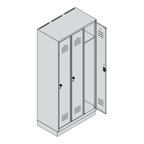 C+P Spind Classic PLUS, Sockel, 3 Abteile, 1950x900x500mm, 7016/7016 Verschluss Zylinderschloss 3 Garderobenhaken
