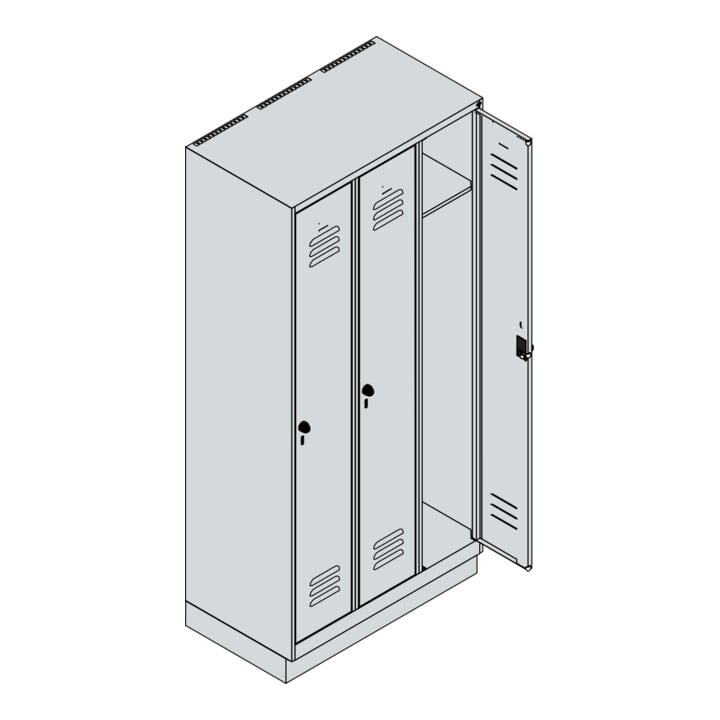 C+P Spind Classic PLUS, Sockel, 3 Abteile, 1950x900x500mm, 9016/9016 Verschluss Sicherheits-Drehriegel 3 Garderobenhaken