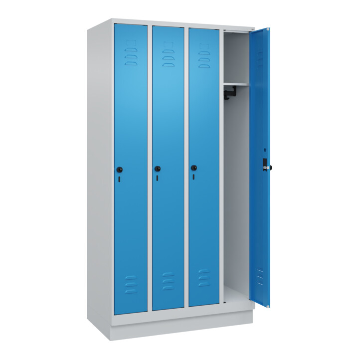 C+P Spind Classic PLUS, Sockel, 4 Abteile, 1950x1000x500mm, 7035/5012 Verschluss Sicherheits-Drehriegel 3 Garderobenhaken