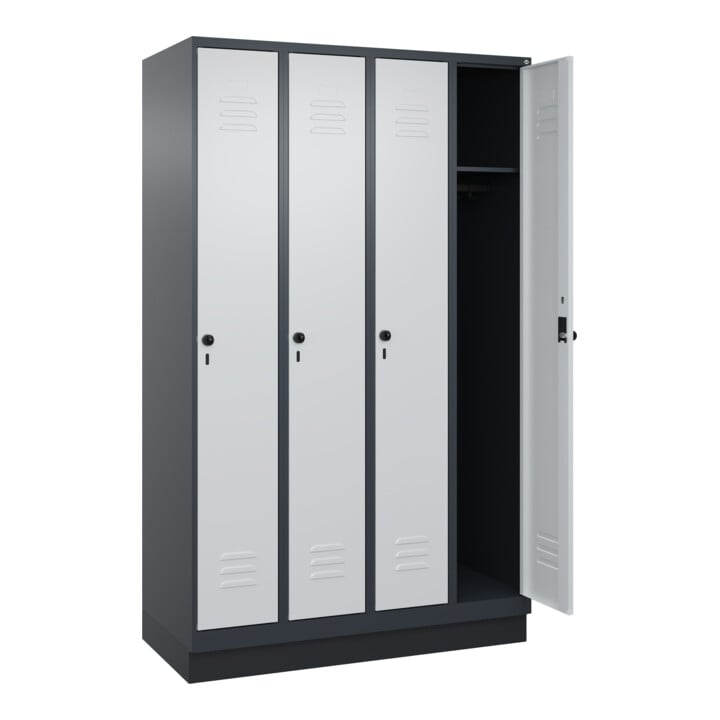 C+P Spind Classic PLUS, Sockel, 4 Abteile, 1950x1200x500mm, 7016/7035 Verschluss Sicherheits-Drehriegel 3 Garderobenhaken