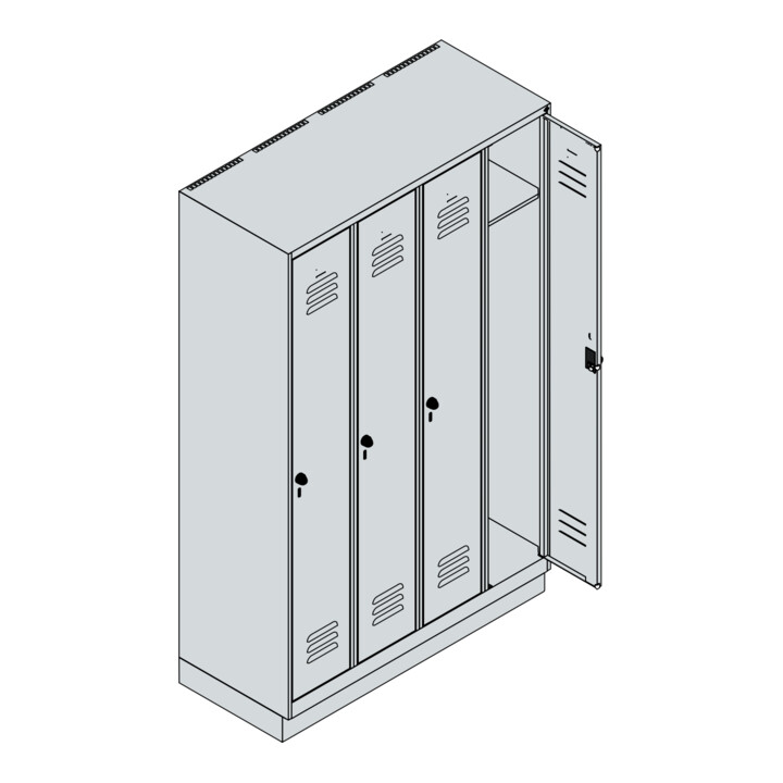 C+P Spind Classic PLUS, Sockel, 4 Abteile, 1950x1200x500mm, 7035/2004 Verschluss Sicherheits-Drehriegel 3 Garderobenhaken