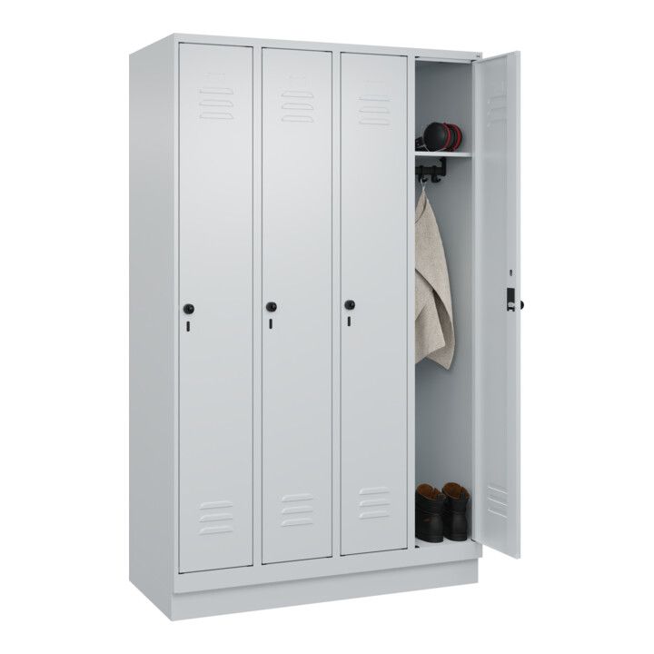 C+P Spind Classic PLUS, Sockel, 4 Abteile, 1950x1200x500mm, 7035/7035 Verschluss Sicherheits-Drehriegel 3 Garderobenhaken