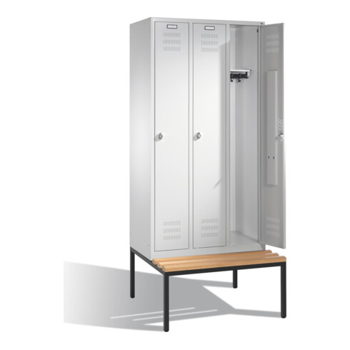 C+P Spind doppelstöckig Serie 128, doppelstöckiger Garderobenschrank auf untergebauter Sitzbank