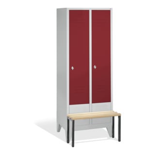 C+P Umkleidespind Classic mit Sitzbank, 2 Abteile, H1850xB810xT500/815mm Front Rubinrot Korpus Lichtgrau