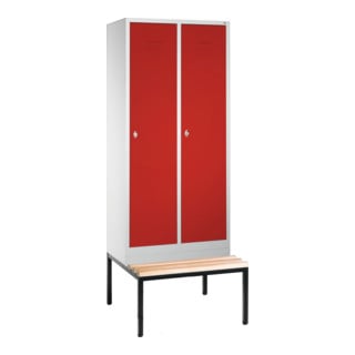 C+P Umkleidespind Classic mit Sitzbank, 2 Abteile, H2090xB810xT500/815mm Front Rubinrot Korpus Lichtgrau