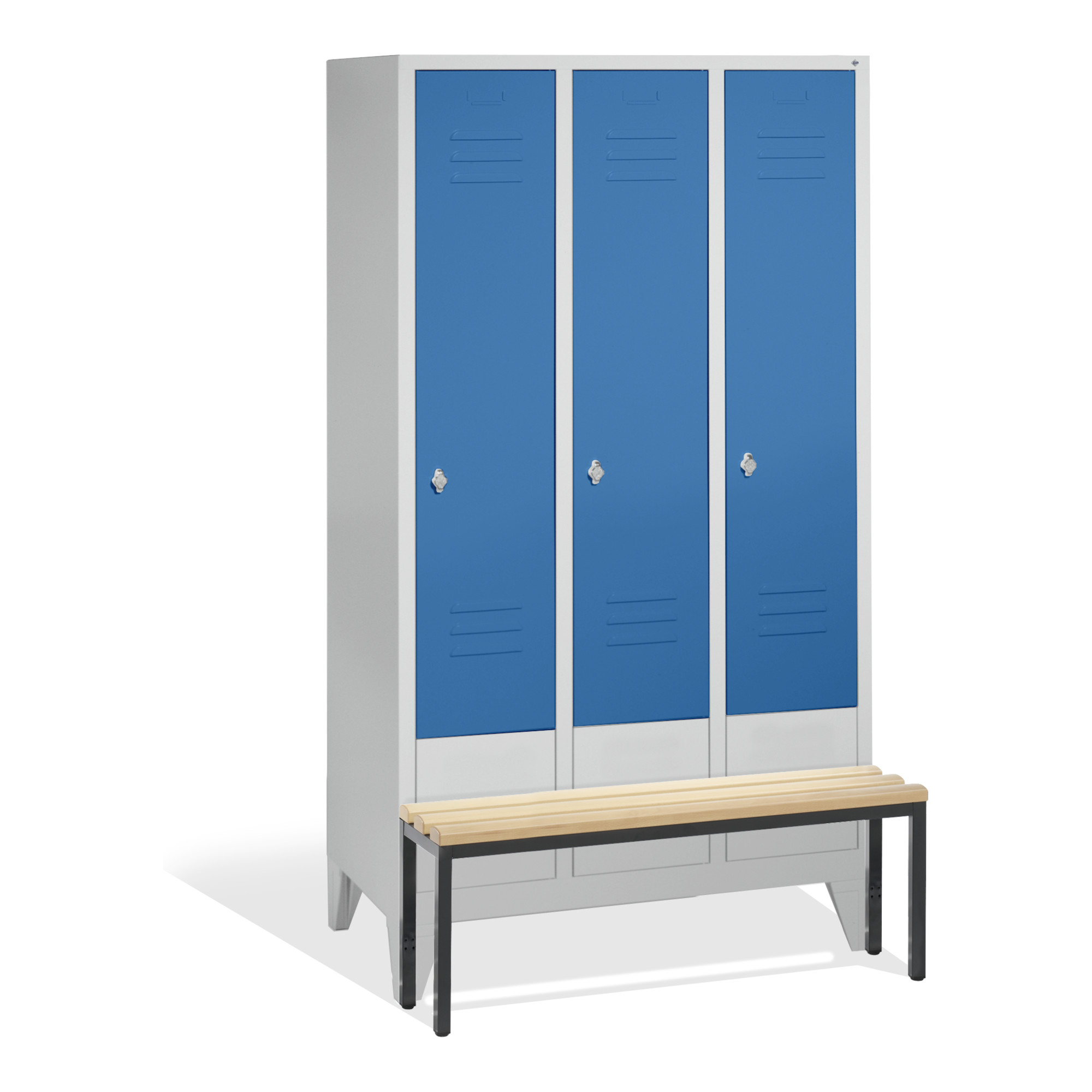 C+P Umkleidespind Classic mit Sitzbank, 3 Abteile, H1850xB1200xT500/815mm Front Lichtblau Korpus Lichtgrau ; C + P Möbelsysteme
