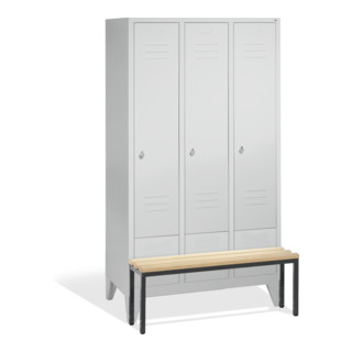 C+P Umkleidespind Classic mit Sitzbank, 3 Abteile, H1850xB1200xT500/815mm Front Lichtgrau Korpus Lichtgrau