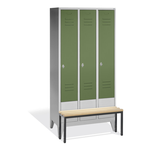 C+P Umkleidespind Classic mit Sitzbank 3 Abteile Front Resedagrün Korpus Lichtgrau