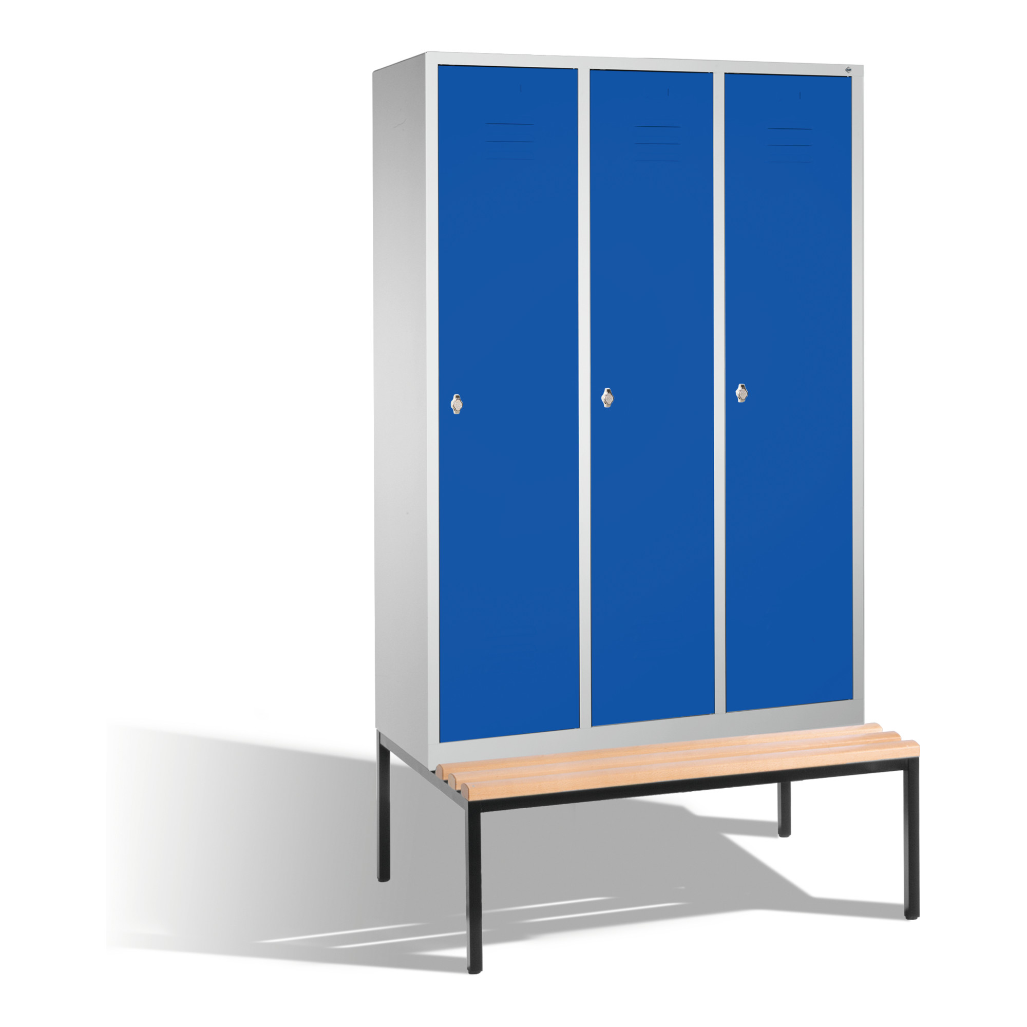 C+P Umkleidespind Classic mit Sitzbank, 3 Abteile, H2090xB1200xT500/815mm Front Enzianblau Korpus Lichtgrau ; C + P Möbelsysteme