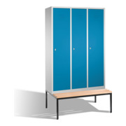 C+P Umkleidespind Classic mit Sitzbank 3 Abteile Front Lichtblau Korpus Lichtgrau