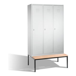 C+P Umkleidespind Classic mit Sitzbank 3 Abteile Front Lichtgrau Korpus Lichtgrau