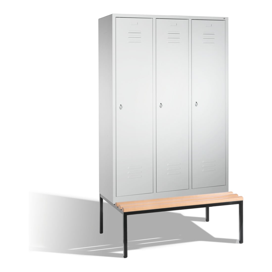 C+P Umkleidespind Classic mit Sitzbank, 3 Abteile, H2090xB1200xT500/815mm Front Lichtgrau Korpus Lichtgrau