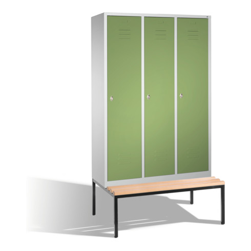 C+P Umkleidespind Classic mit Sitzbank 3 Abteile Front Resedagrün Korpus Lichtgrau
