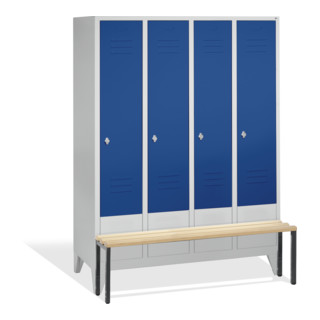 C+P Umkleidespind Classic mit Sitzbank 4 Abteile Front Enzianblau Korpus Lichtgrau