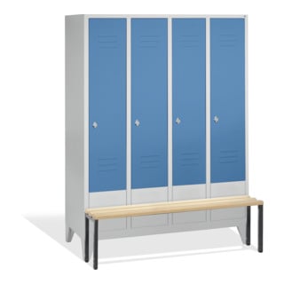 C+P Umkleidespind Classic mit Sitzbank, 4 Abteile, H1850xB1590xT500/815mm Front Lichtblau Korpus Lichtgrau