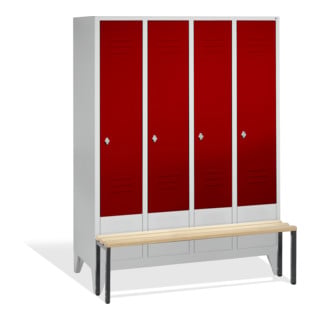 C+P Umkleidespind Classic mit Sitzbank, 4 Abteile, H1850xB1590xT500/815mm Front Rubinrot Korpus Lichtgrau