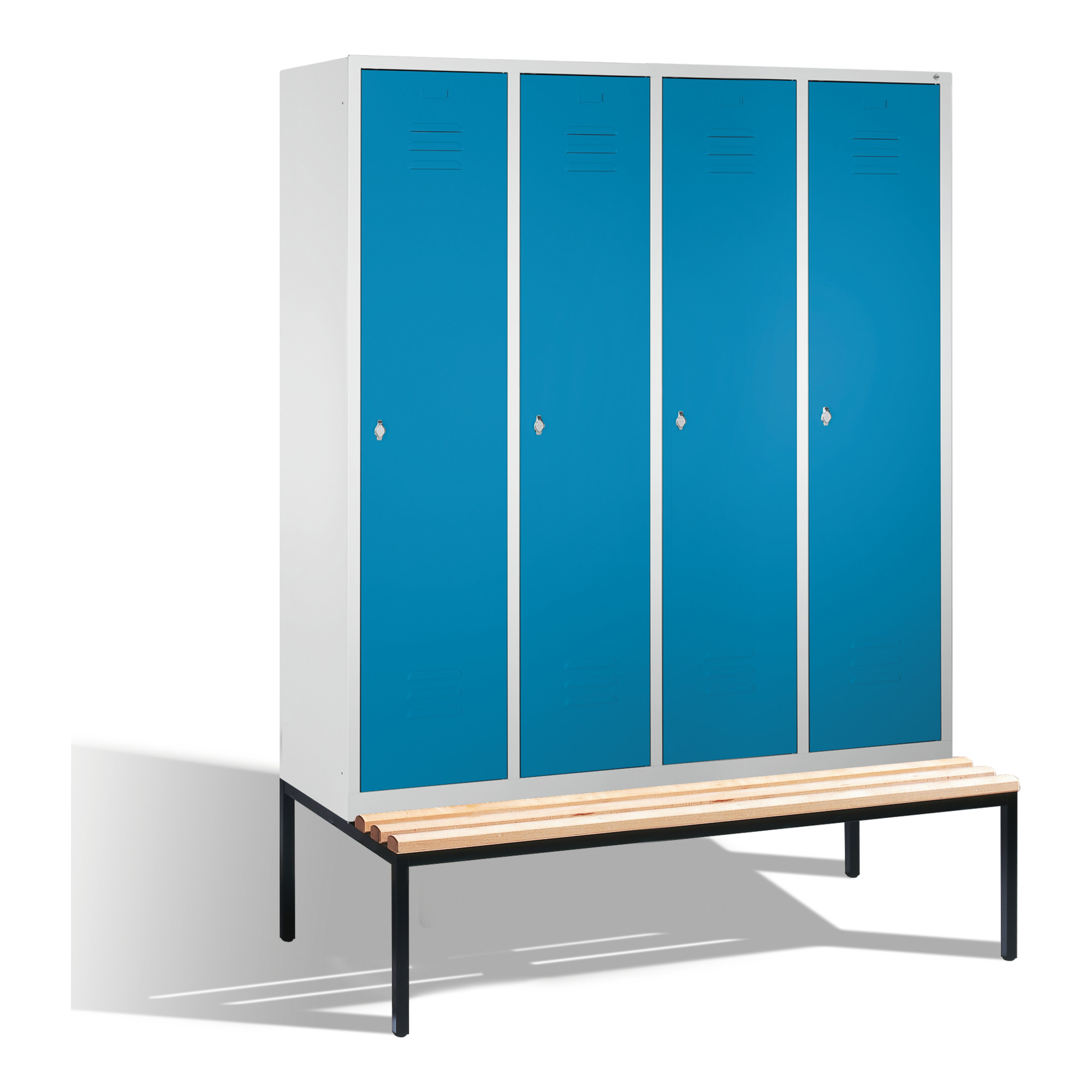 C+P Umkleidespind Classic mit Sitzbank, 4 Abteile, H2090xB1590xT500/815mm Front Lichtblau Korpus Lichtgrau ; C + P Möbelsysteme