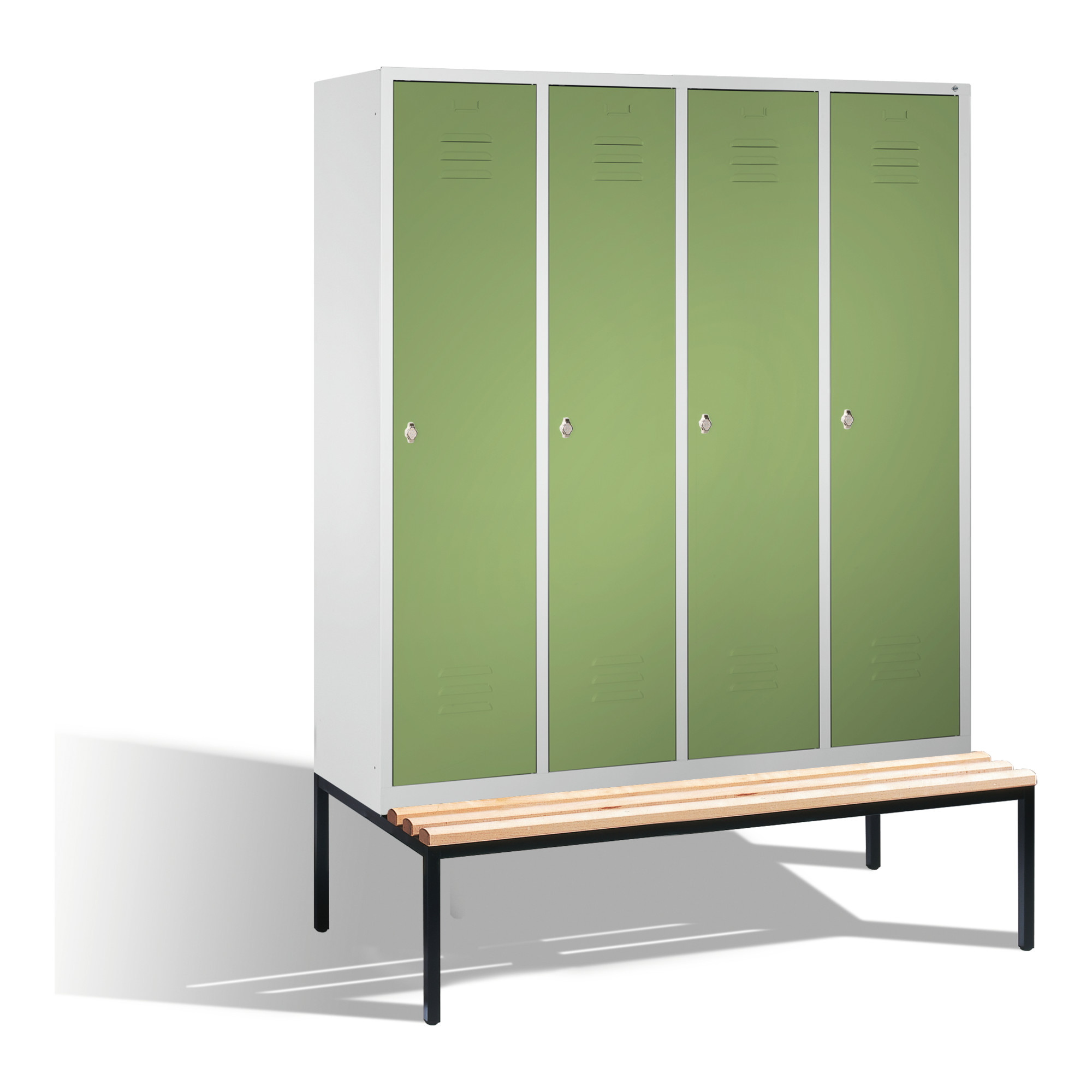C+P Umkleidespind Classic mit Sitzbank, 4 Abteile, H2090xB1590xT500/815mm Front Resedagrün Korpus Lichtgrau ; C + P Möbelsysteme