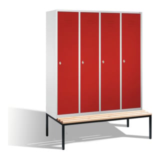 C+P Umkleidespind Classic mit Sitzbank 4 Abteile Front Rubinrot Korpus Lichtgrau