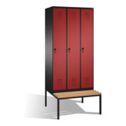 C+P Umkleidespind Evolo mit Sitzbank 3 Abteile Front Rubinrot Korpus Schwarzgrau