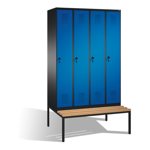 C+P Umkleidespind Evolo mit Sitzbank 4 Abteile Front Enzianblau Korpus Schwarzgrau