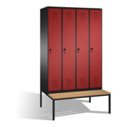 C+P Umkleidespind Evolo mit Sitzbank 4 Abteile Front Rubinrot Korpus Schwarzgrau
