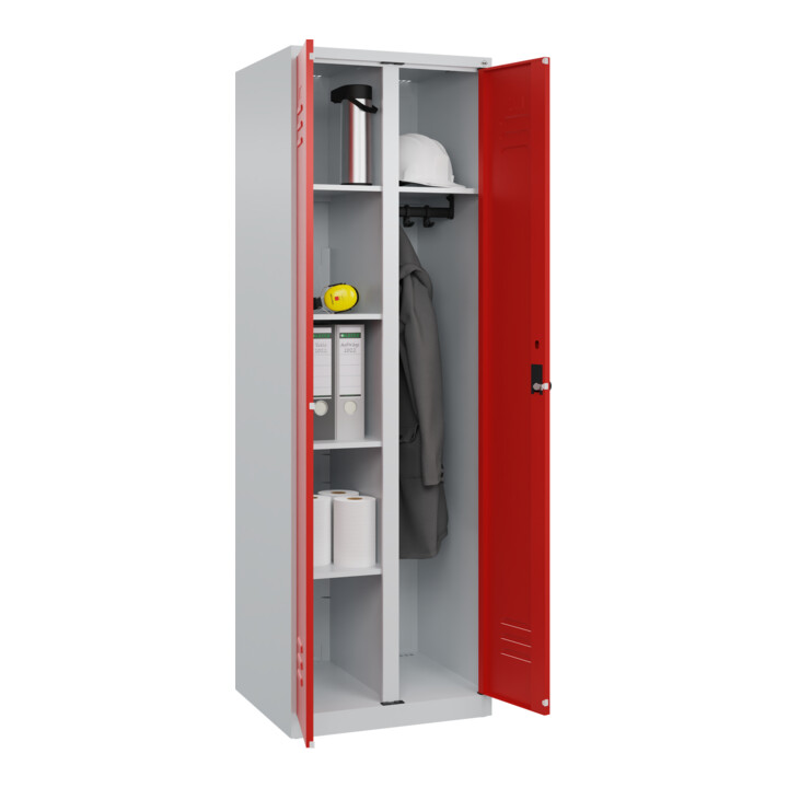 C+P Wäsche-/Garderobenspind Classic PLUS, 2 Abteile, 1850x600x500mm, 7035/3020 Verschluss Sicherheits-Drehriegel Front RAL 3020 Verkehrsrot