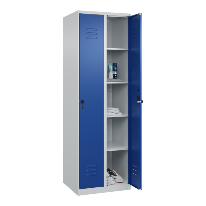 C+P Wäsche-Spind Classic PLUS, 2 Abteile, 1850x600x500mm, 7035/5010 Verschluss Sicherheits-Drehriegel