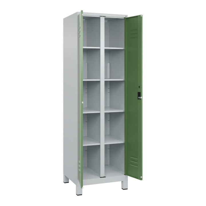C+P Wäsche-Spind Classic PLUS, Füße, 2 Abteile, 1950x600x500mm, 7035/6011 Verschluss Zylinderschloss Trennwand mittig