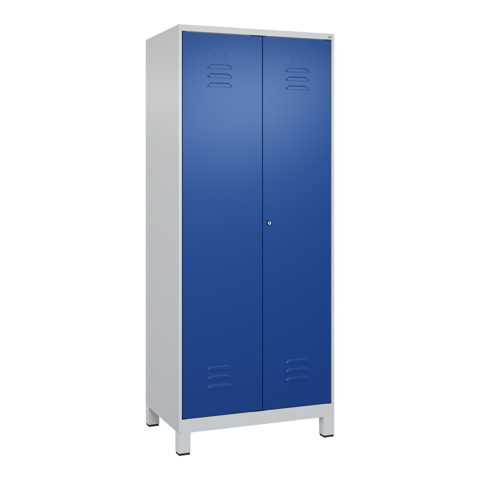 C+P Wäsche-Spind Classic PLUS, Füße, 2 Abteile, 1950x800x500mm, 7035/5010 Verschluss Zylinderschloss Trennwand mittig ; C + P Möbelsysteme