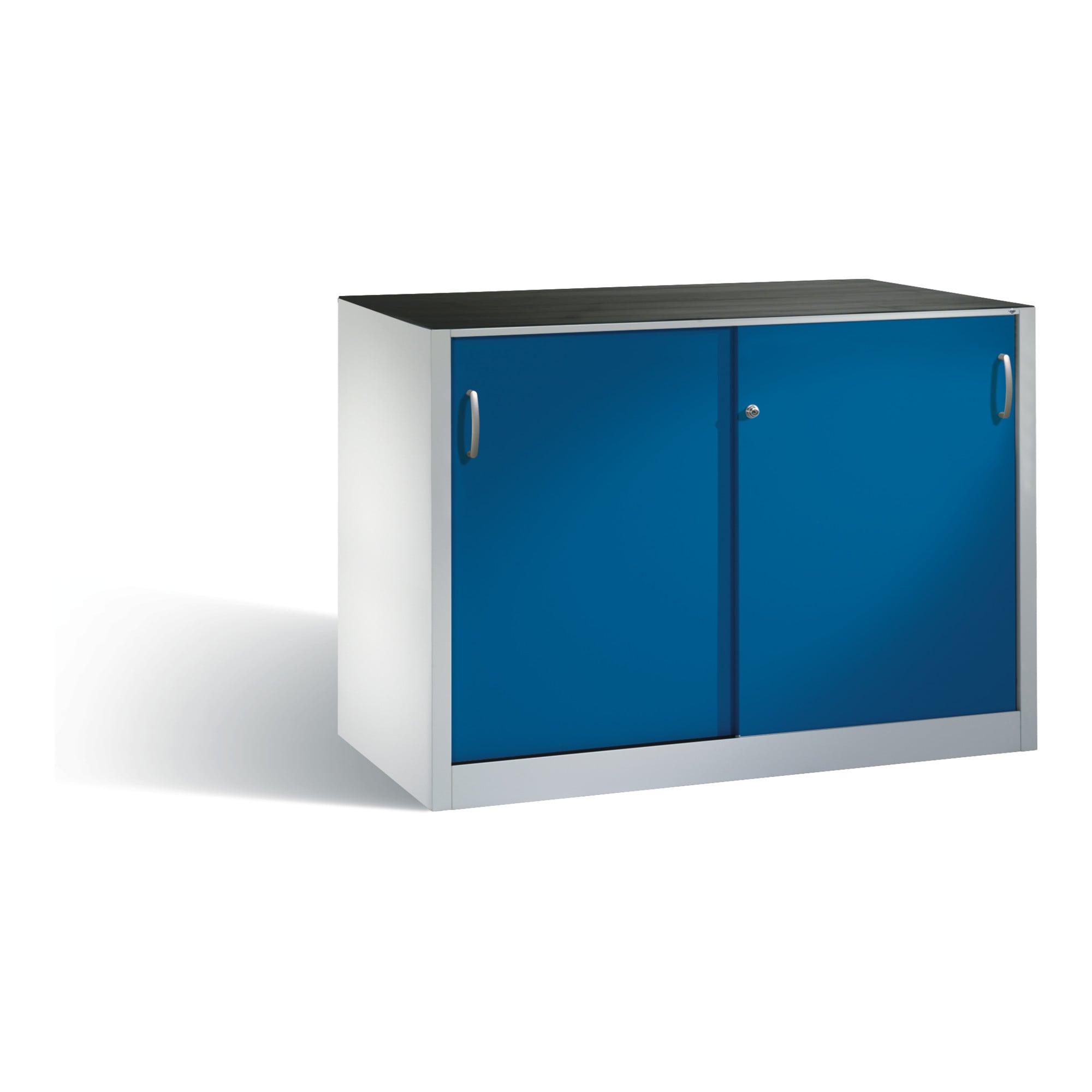 C+P Werkzeug-Beistellschrank mit Schiebetüren, innen 2 x 1 Boden, H1000xB1600xT500mm Front Enzianblau Korpus Lichtgrau ; C + P Möbelsysteme