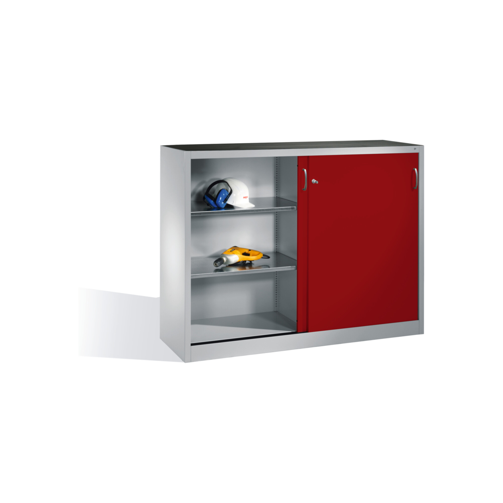 C+P Werkzeug-Beistellschrank mit Schiebetüren, innen 2 x 2 Böden, H1200xB1600xT400mm Front Rubinrot Korpus Lichtgrau ; C + P Möbelsysteme